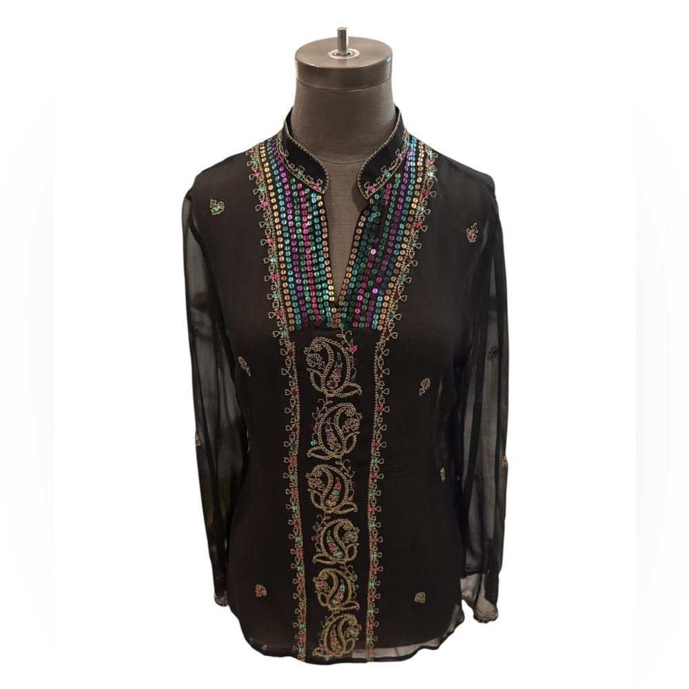 Silkland Embroidered Sequins Silk Sheer Blouse S